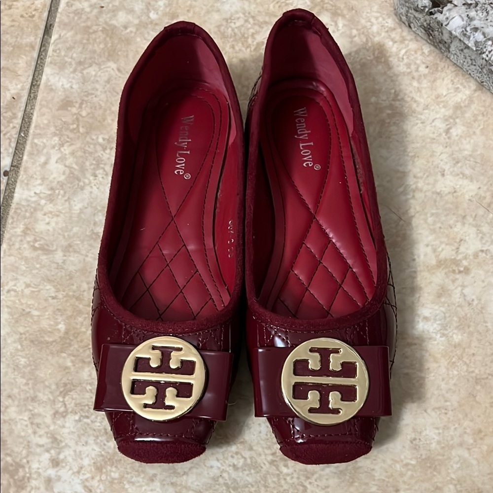 Women's Red Patent Ballet Flats with Gold Accent